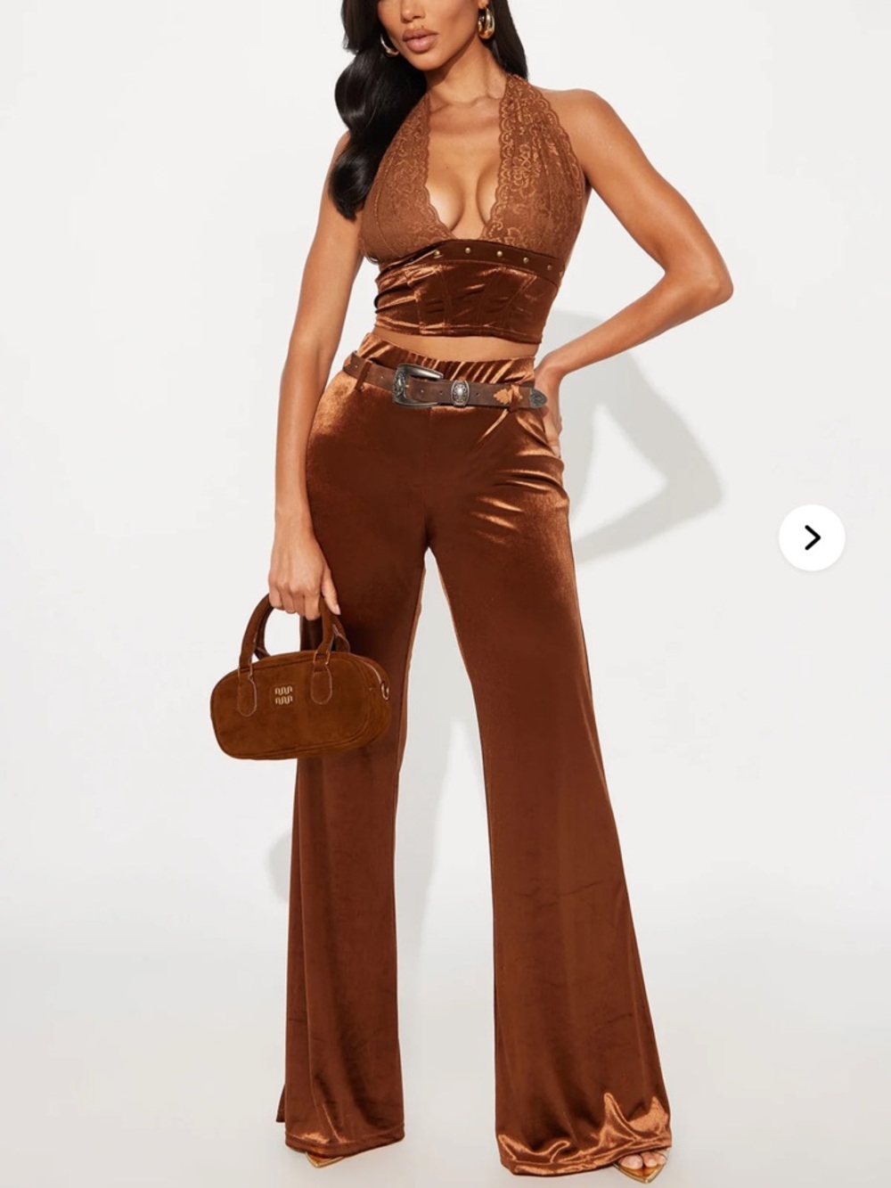 Fashion Nova Copper Brown Velvet two piece jumpsuit medium never worn